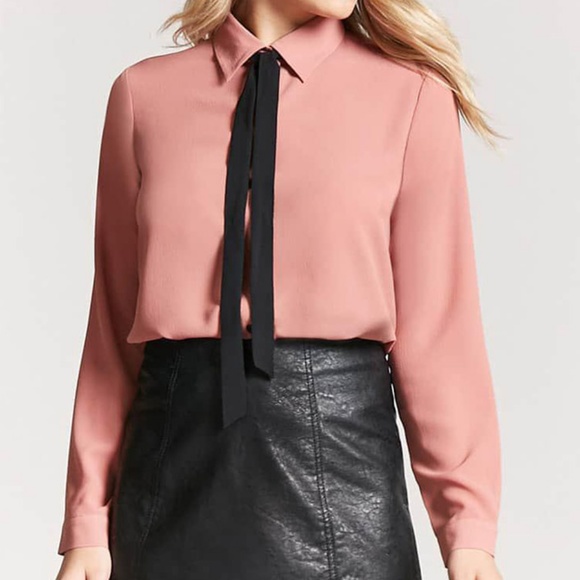 Mauve Pink Bow Tie Button Shirt Chiffon Blouse Top - Picture 2 of 8